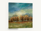 Amber Grove Clearing, autumn trees under stormy sky, landscape canvas wall art print ready to hang