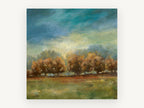 Amber Grove Clearing, autumn trees under stormy sky, landscape canvas wall art print, front view