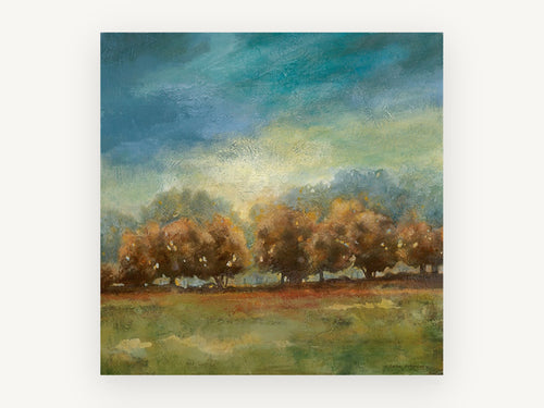 Amber Grove Clearing, autumn trees under stormy sky, landscape canvas wall art print, front view