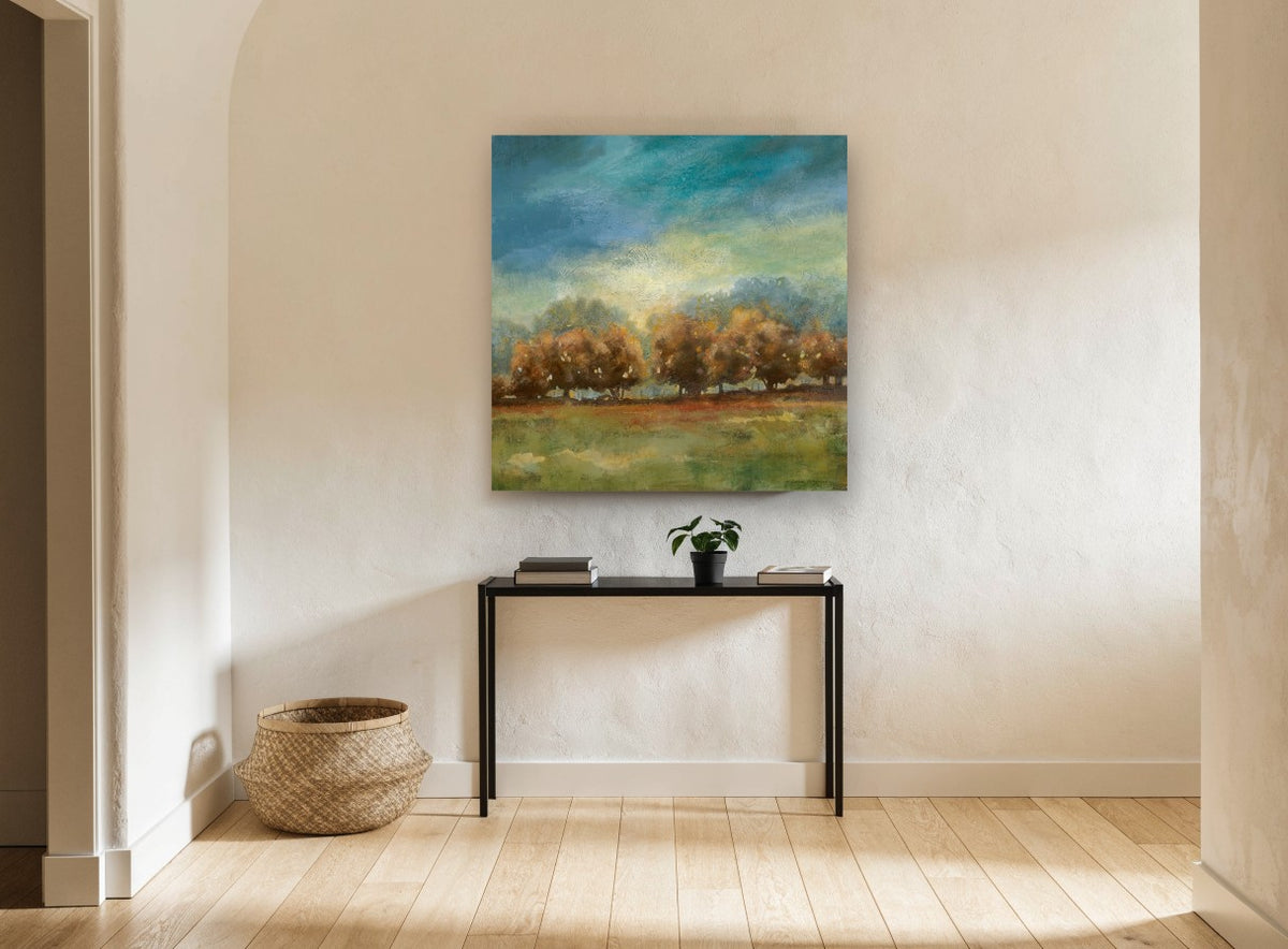 Amber Grove Clearing landscape canvas print on the wall of a hallway