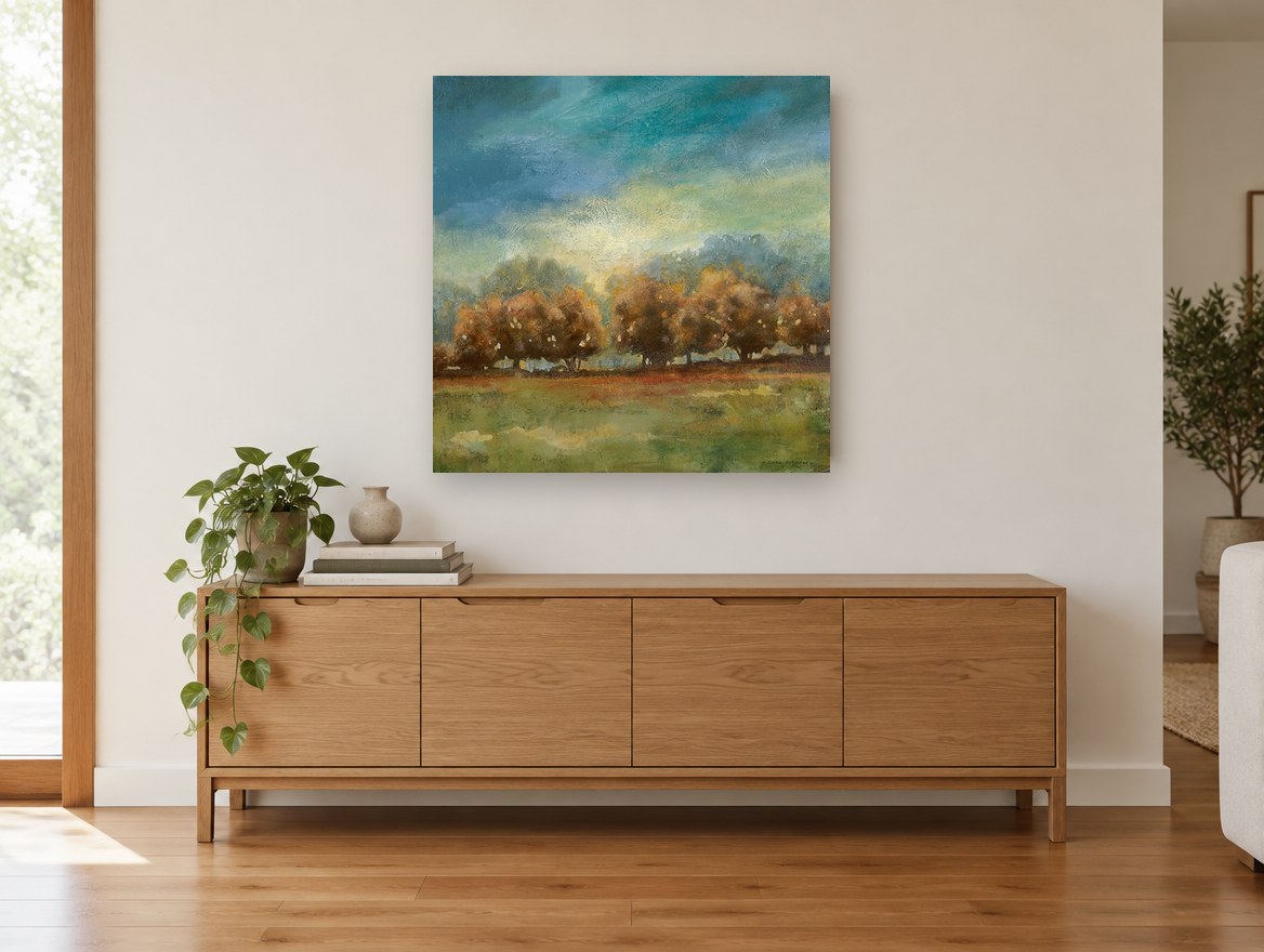 Amber Grove Clearing landscape canvas print on the wall of a living room above a sideboard