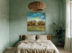 Teal Sky Meadow Trees landscape canvas print on the wall of a bedroom