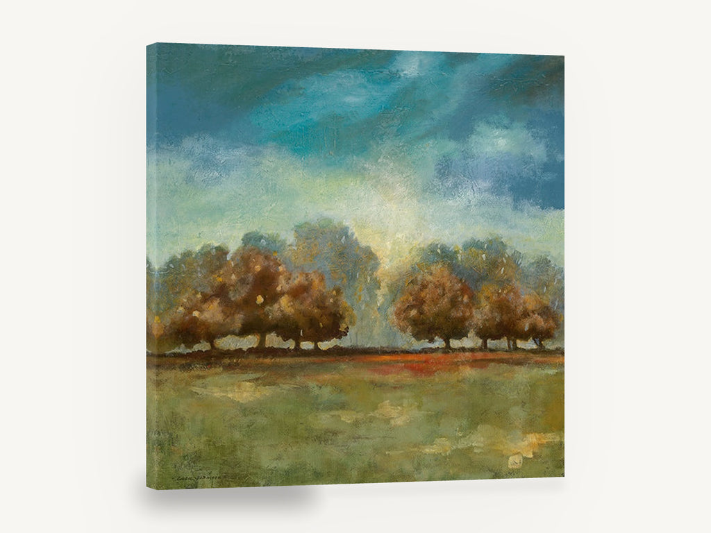 Teal Sky Meadow Trees, autumn trees clearing sky landscape, landscape canvas wall art print ready to hang