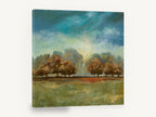 Teal Sky Meadow Trees, autumn trees clearing sky landscape, landscape canvas wall art print ready to hang