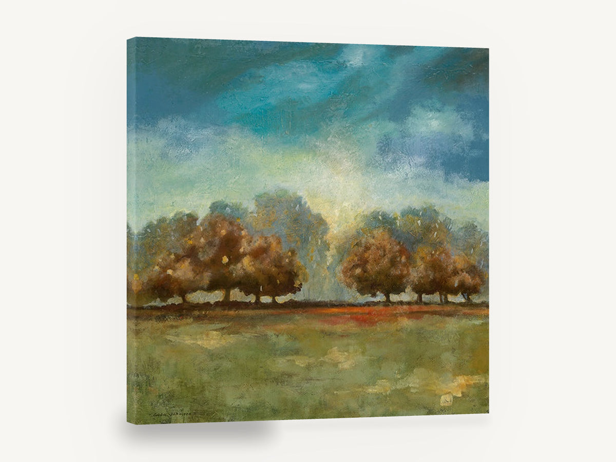Teal Sky Meadow Trees, autumn trees clearing sky landscape, landscape canvas wall art print ready to hang
