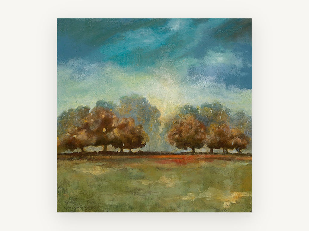 Teal Sky Meadow Trees, autumn trees clearing sky landscape, landscape canvas wall art print, front view