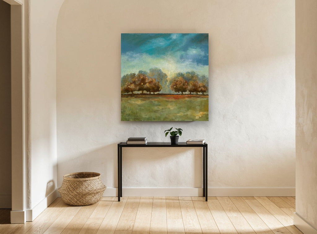 Teal Sky Meadow Trees landscape canvas print on the wall of a hallway
