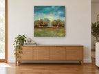 Teal Sky Meadow Trees landscape canvas print on the wall of a living room above a sideboard