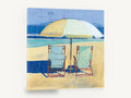 Two Chairs Beneath Umbrella, beach chairs umbrella coastal painting, coastal canvas wall art print ready to hang