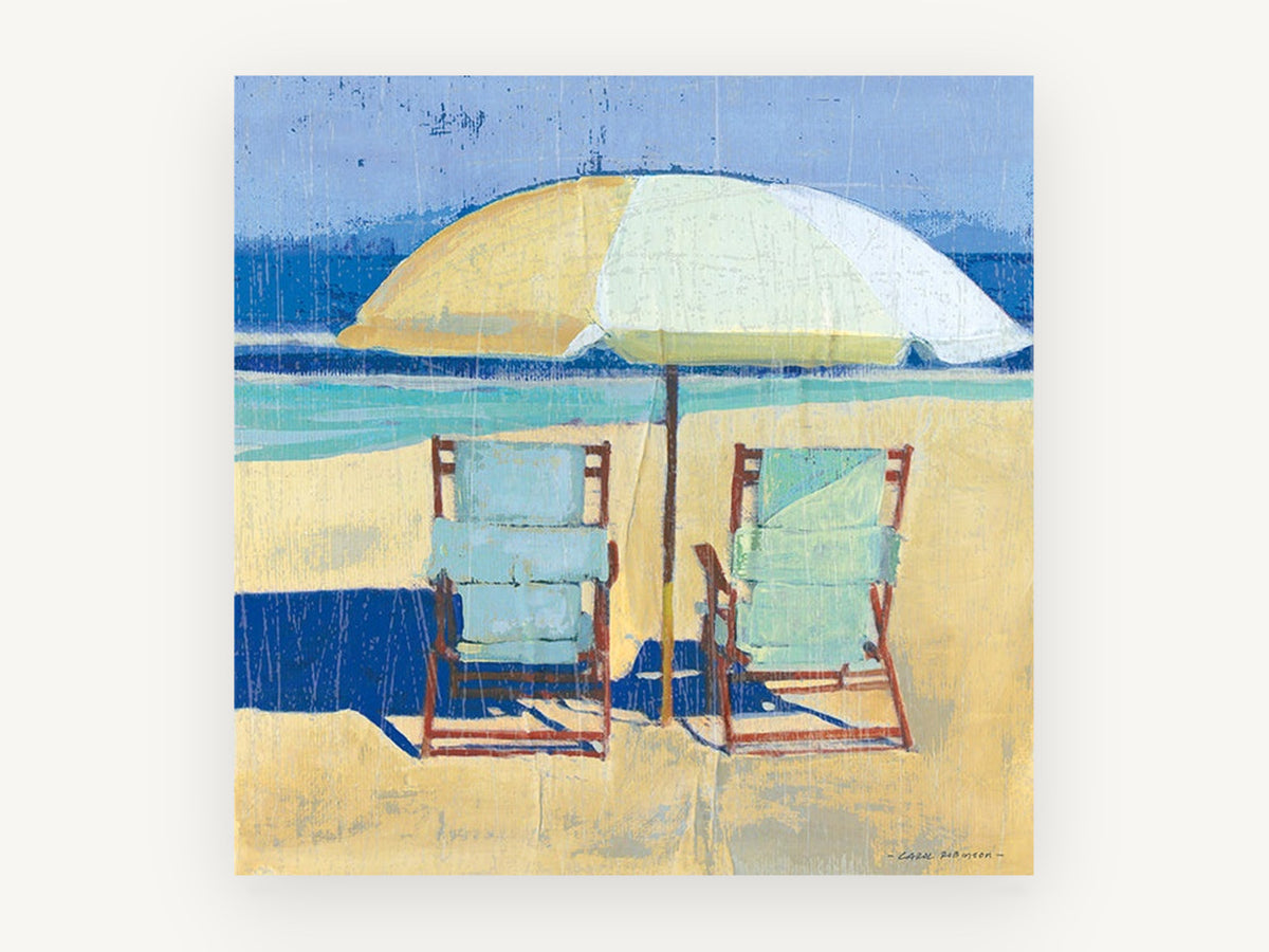 Two Chairs Beneath Umbrella, coastal canvas wall art print, front view