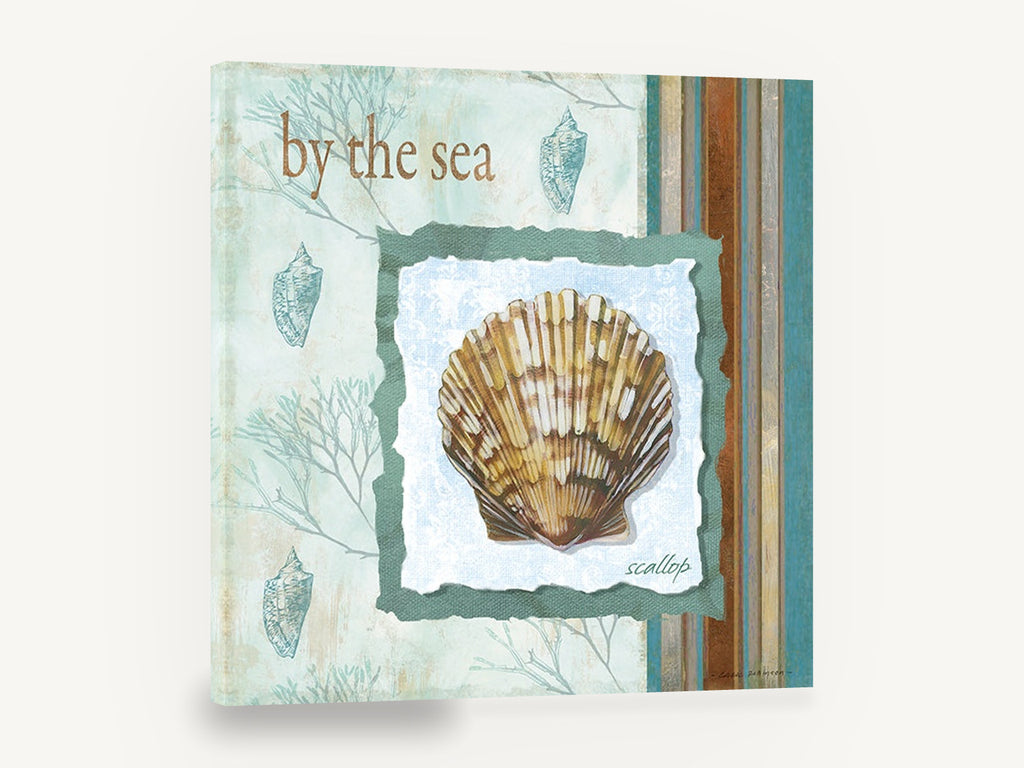 Scallop By The Sea, scallop shell coastal collage, coastal canvas wall art print ready to hang