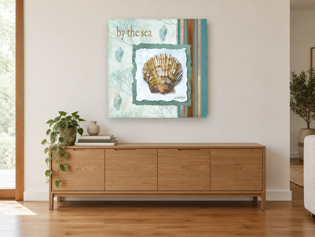 Scallop By The Sea coastal canvas print on the wall of a living room above a sideboard