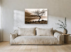 Lone Tree Sepia Shore landscape canvas print on the wall of a living room