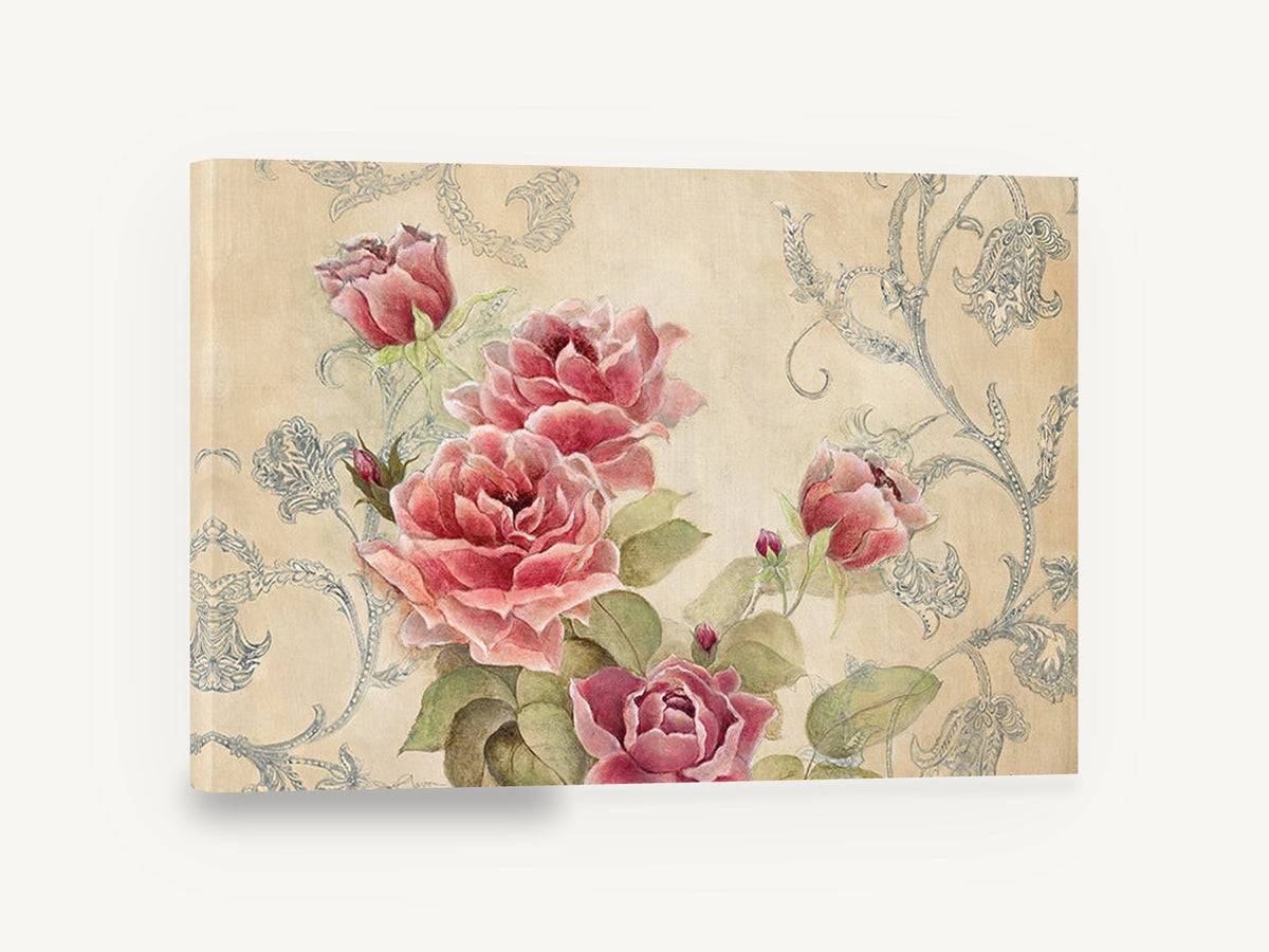 Rose Garden Damask, pink roses damask scroll floral, floral canvas wall art print ready to hang