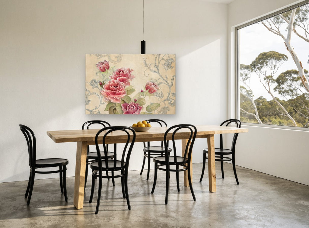 Rose Garden Damask floral canvas print on the wall of a dining room