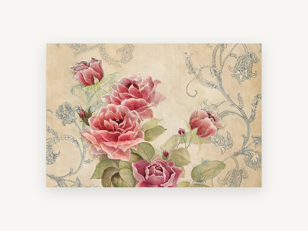 Rose Garden Damask, floral canvas wall art print, front view