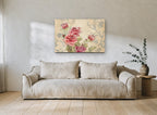 Rose Garden Damask floral canvas print on the wall of a living room