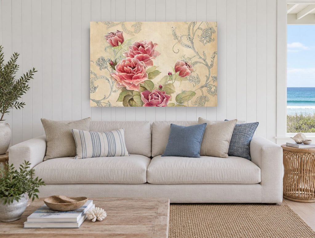 Rose Garden Damask floral canvas print on the wall of a beach house living room