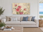 Rose Garden Damask floral canvas print on the wall of a beach house living room