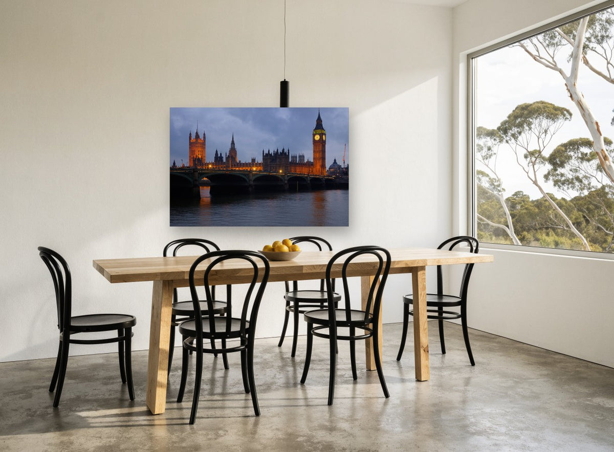 Westminster Dusk Glow city canvas print on the wall of a dining room
