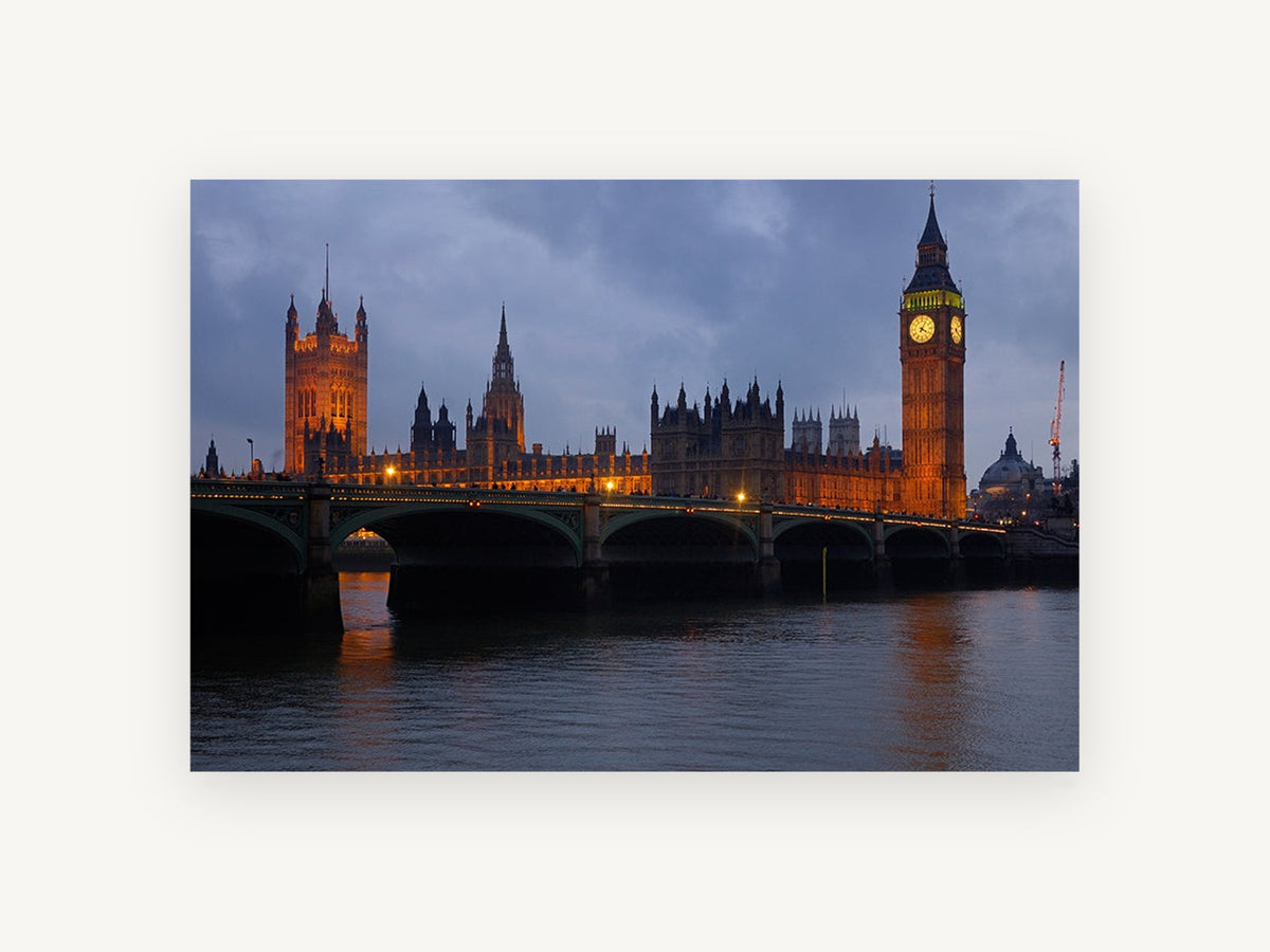 Westminster Dusk Glow, westminster bridge and big ben at dusk, city canvas wall art print, front view