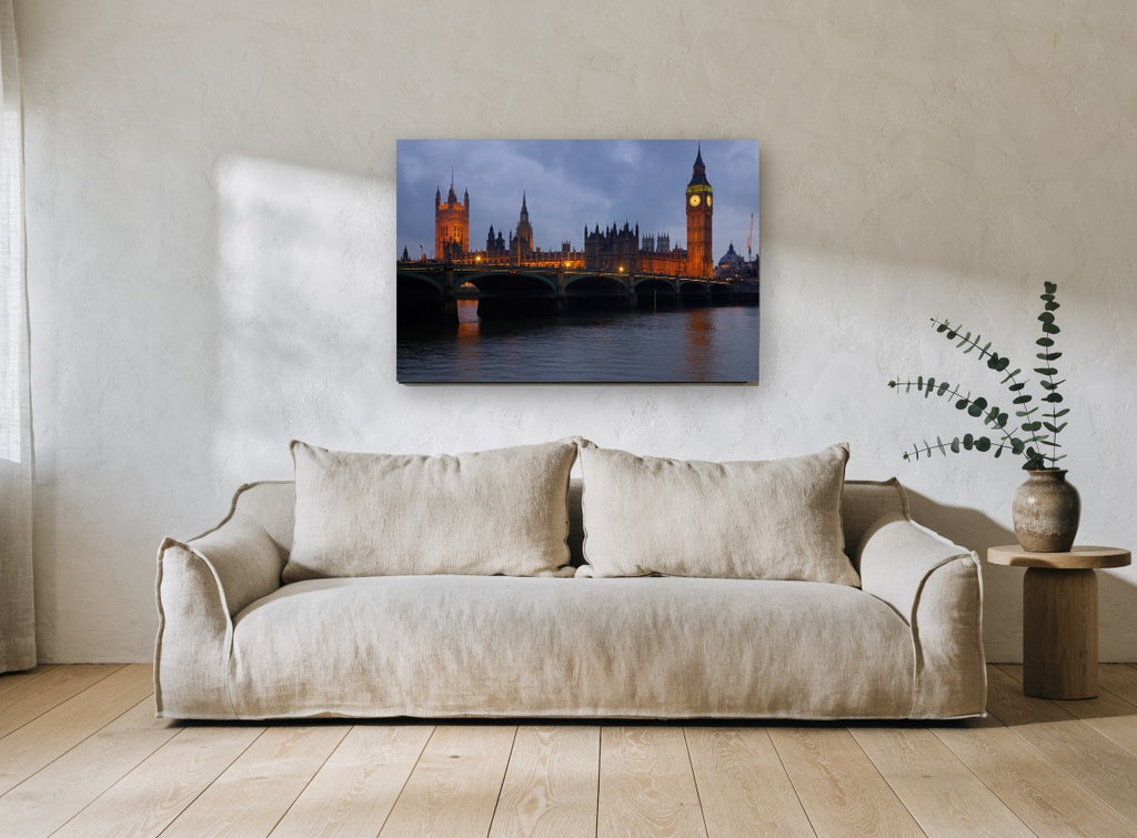 Westminster Dusk Glow city canvas print on the wall of a living room
