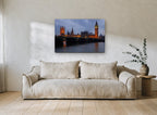 Westminster Dusk Glow city canvas print on the wall of a living room