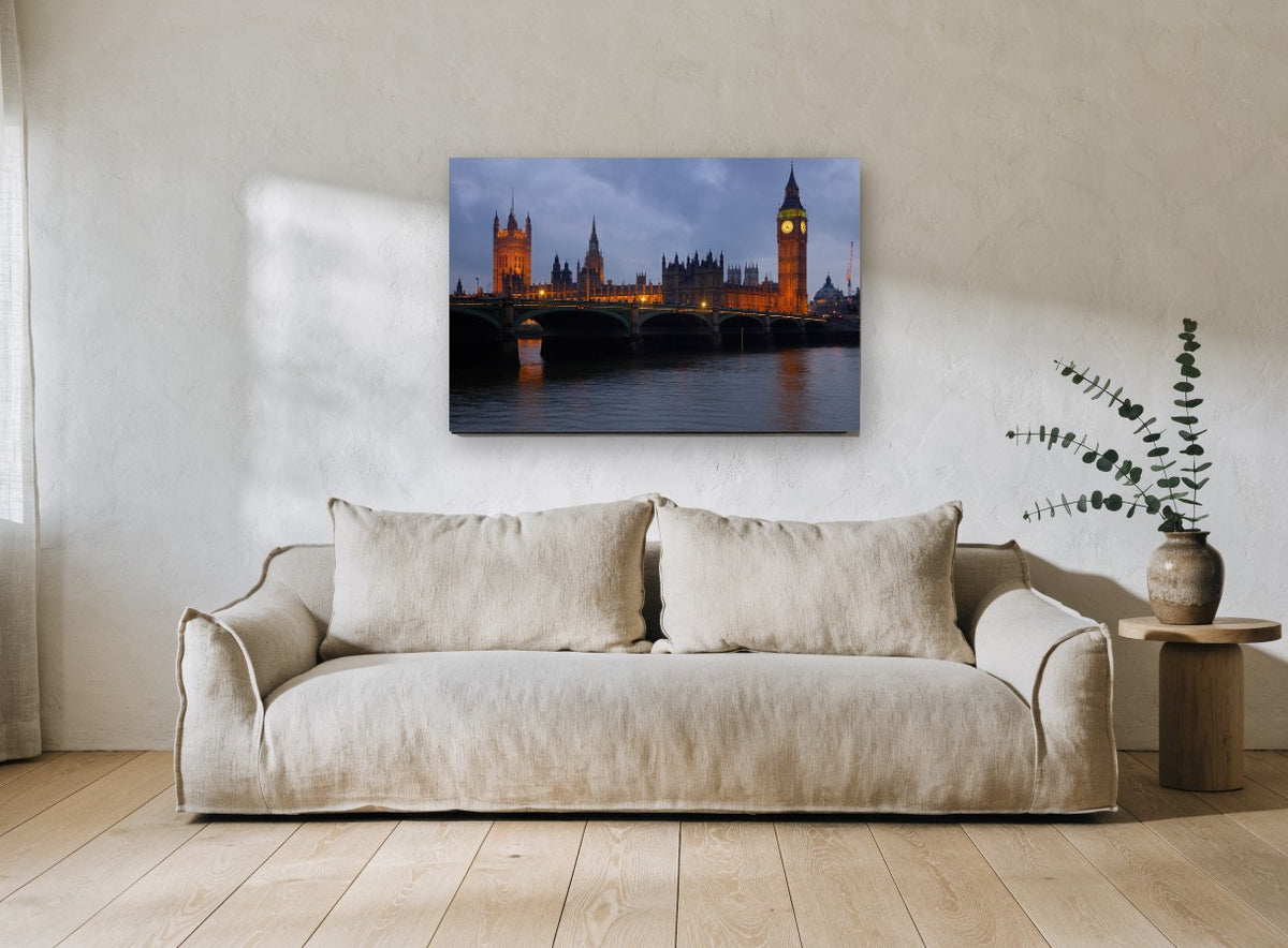 Westminster Dusk Glow city canvas print on the wall of a living room