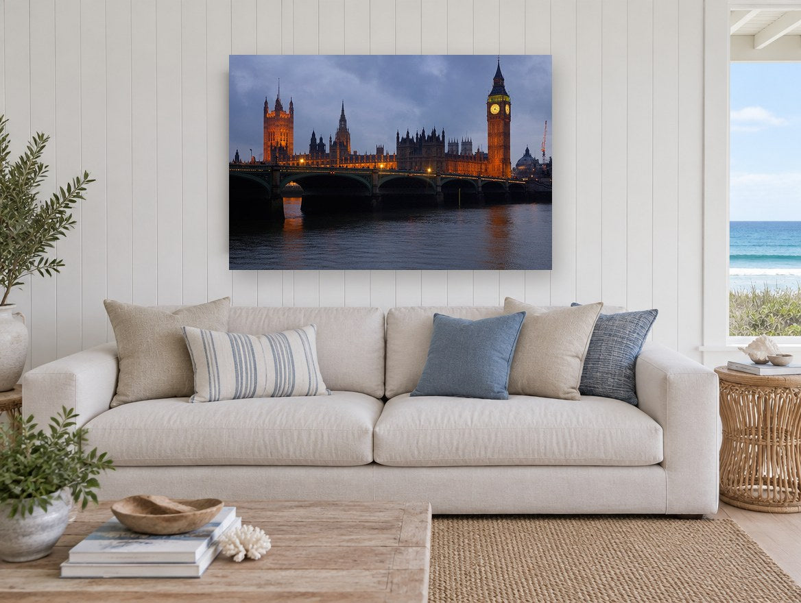 Westminster Dusk Glow city canvas print on the wall of a beach house living room
