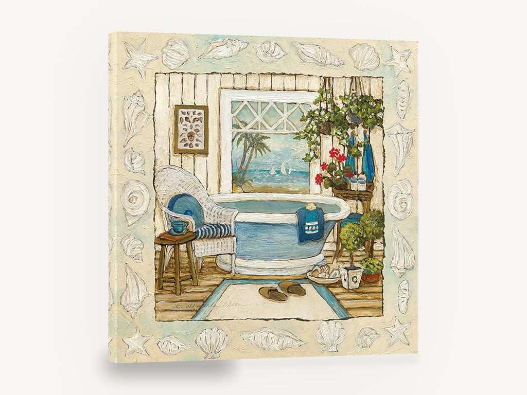 Sea Breeze Bathroom, coastal bathroom window seascape illustration, coastal canvas wall art print ready to hang