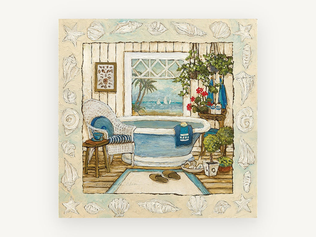 Sea Breeze Bathroom, coastal canvas wall art print, front view