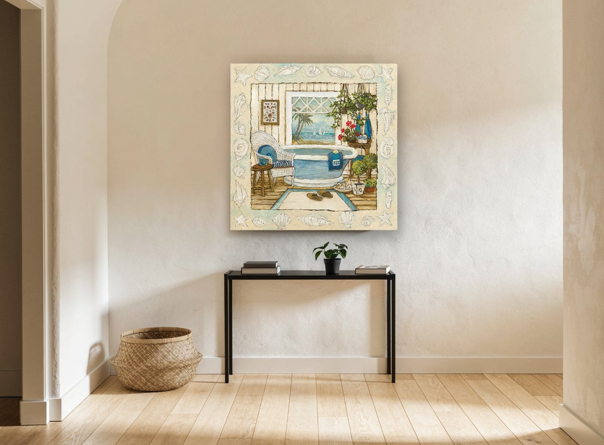 Sea Breeze Bathroom coastal canvas print on the wall of a hallway