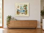 Sea Breeze Bathroom coastal canvas print on the wall of a living room above a sideboard