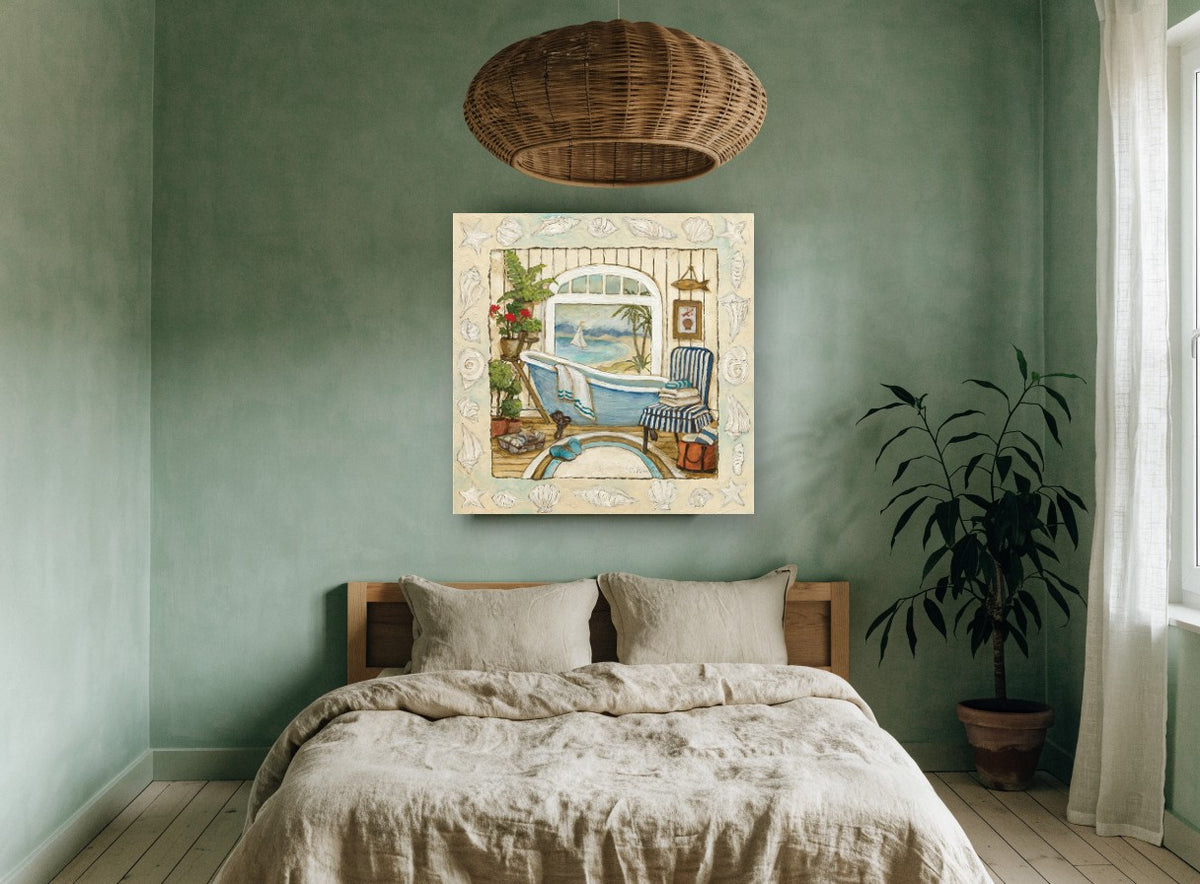 Seaside Bathroom Window coastal canvas print on the wall of a bedroom