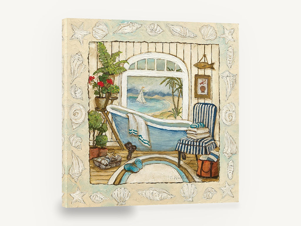 Seaside Bathroom Window, coastal bathroom shell border illustration, coastal canvas wall art print ready to hang