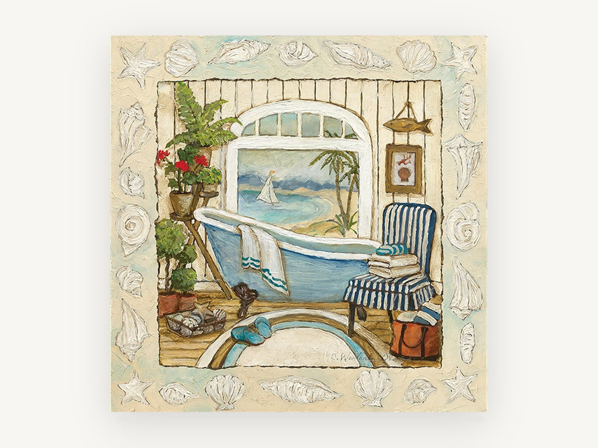 Seaside Bathroom Window, coastal canvas wall art print, front view