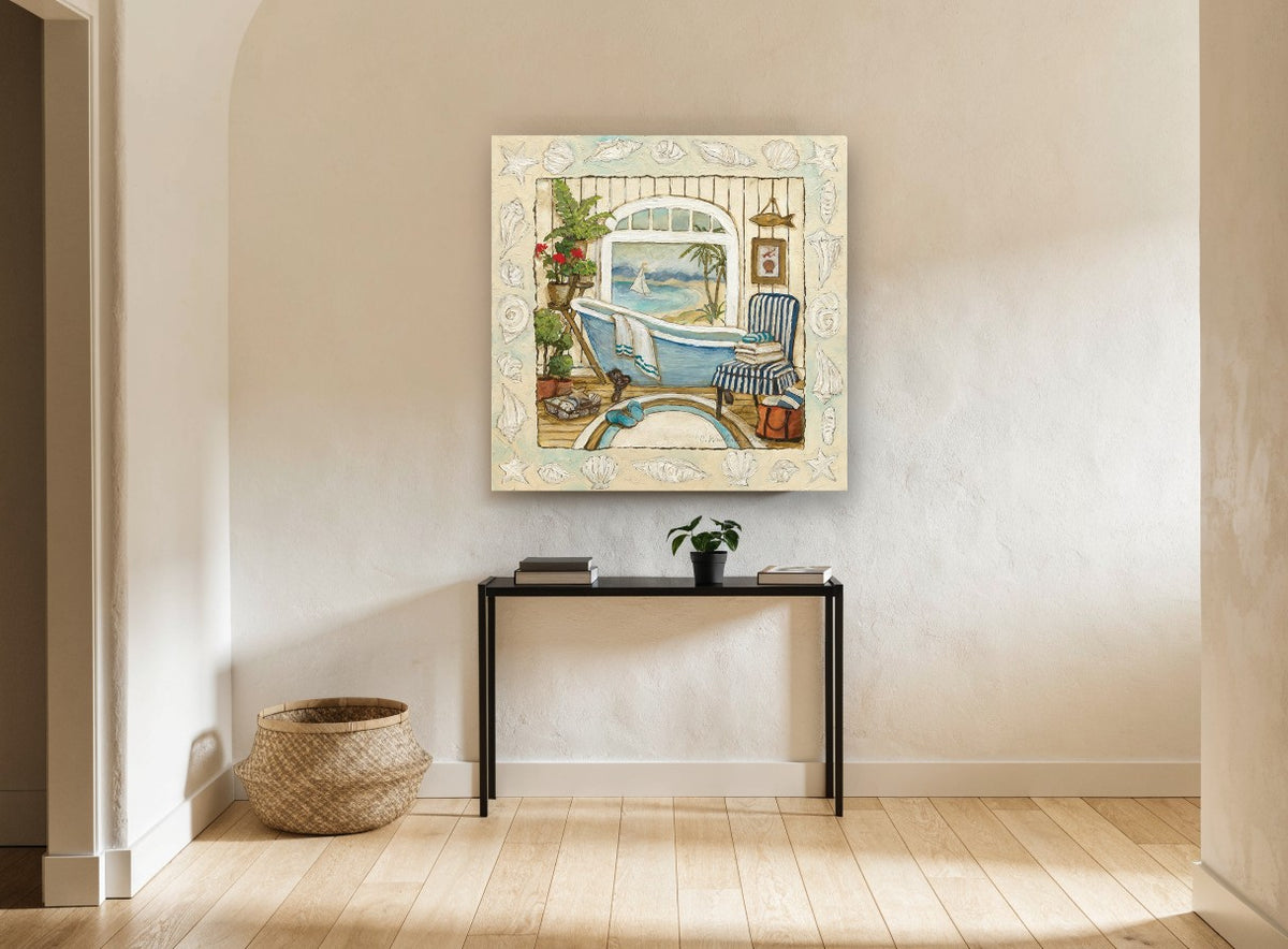 Seaside Bathroom Window coastal canvas print on the wall of a hallway
