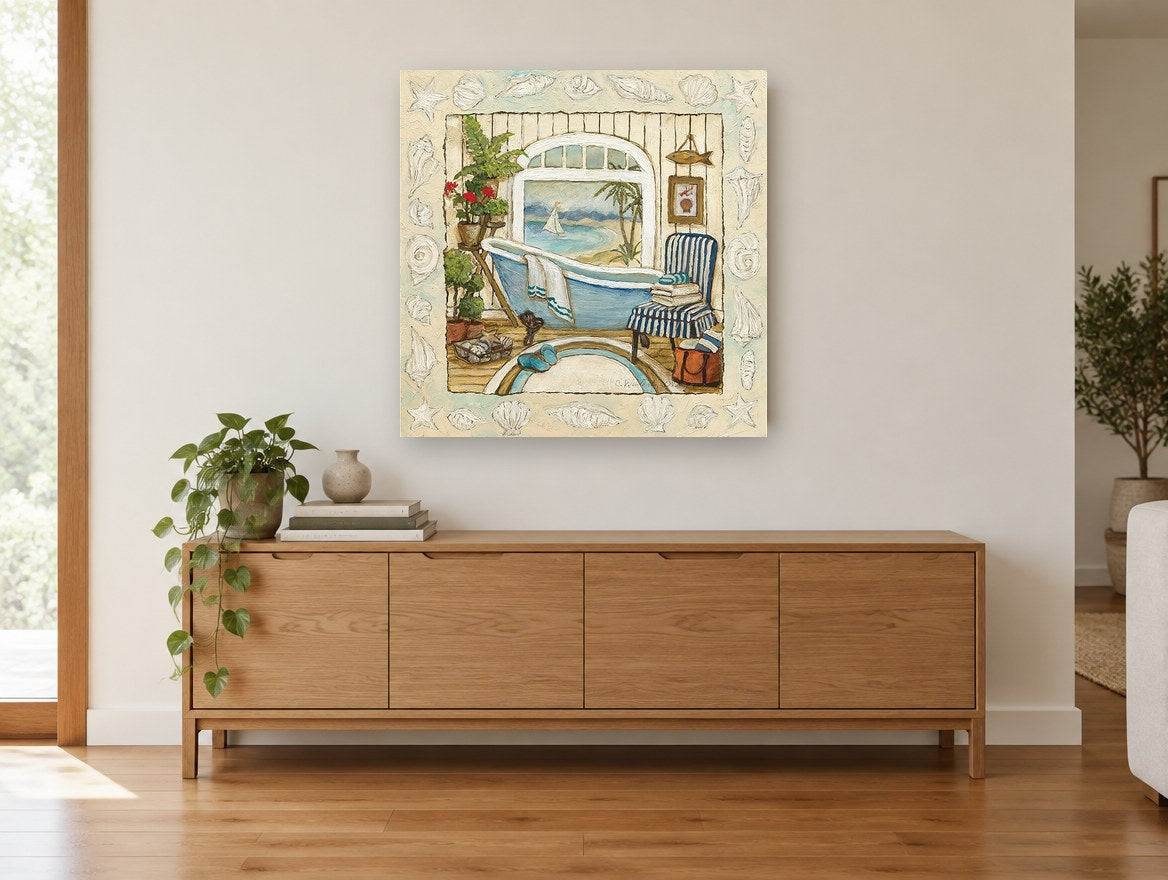 Seaside Bathroom Window coastal canvas print on the wall of a living room above a sideboard