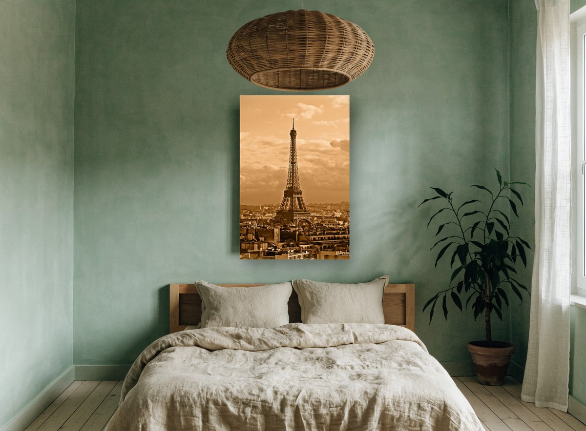 Sepia Paris Rooftops city canvas print on the wall of a bedroom
