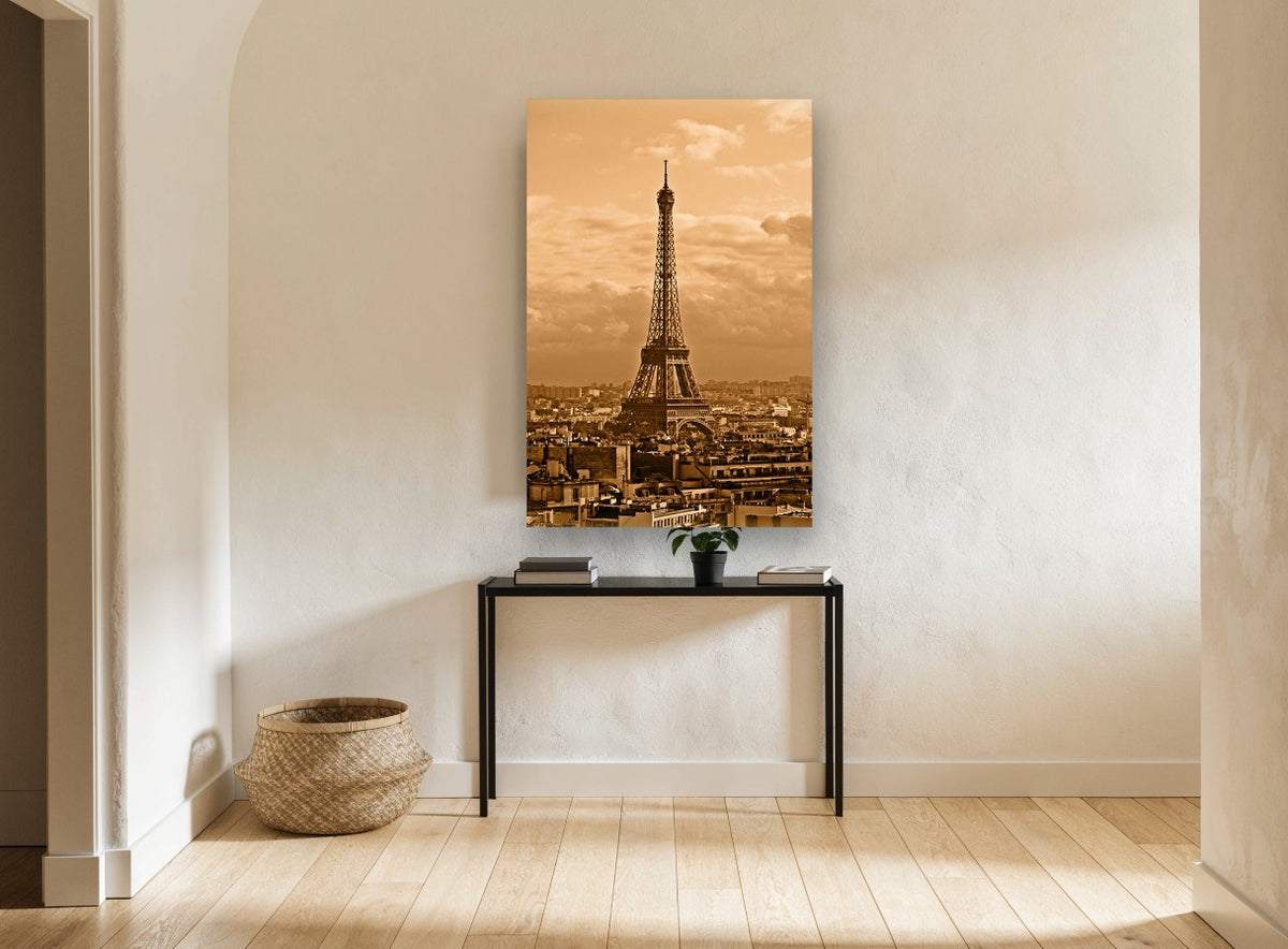 Sepia Paris Rooftops city canvas print on the wall of a hallway