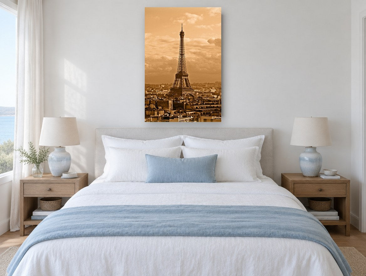 Sepia Paris Rooftops city canvas print on the wall of a bedroom