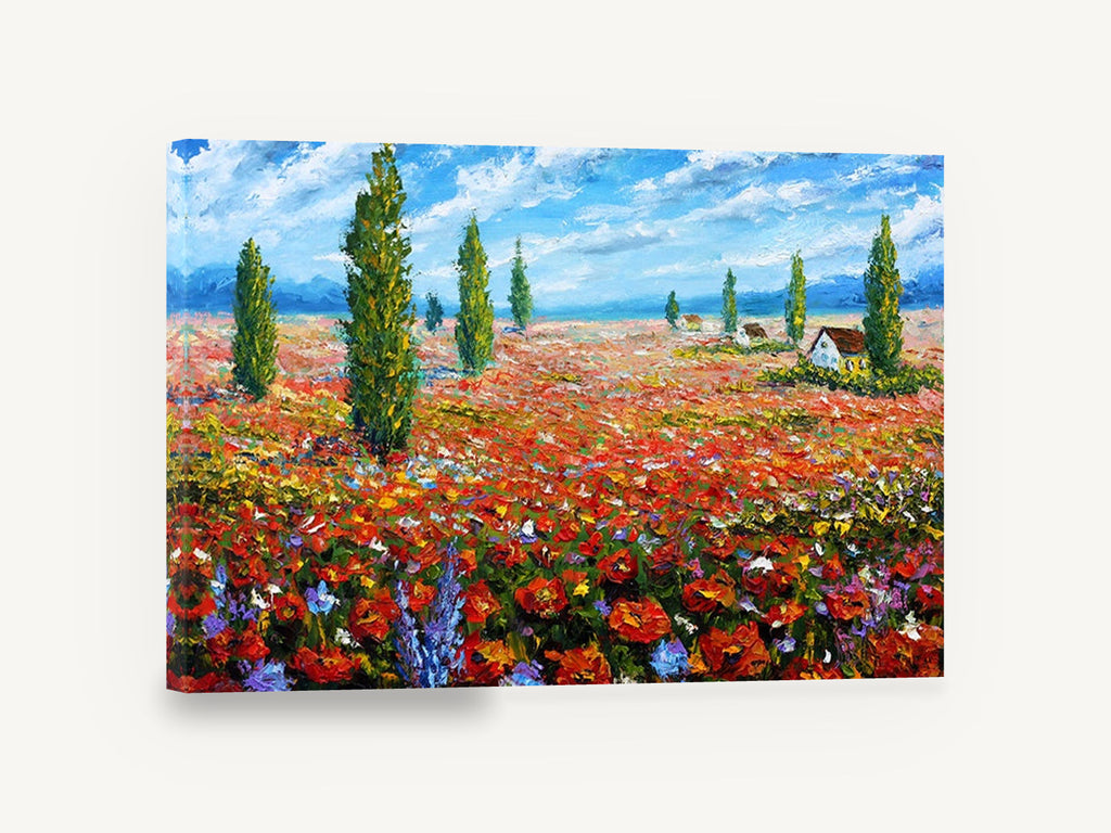 Poppy Field Cypresses, red poppy field cypress landscape painting, floral canvas wall art print ready to hang