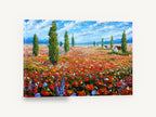 Poppy Field Cypresses, red poppy field cypress landscape painting, floral canvas wall art print ready to hang