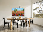 Poppy Field Cypresses floral canvas print on the wall of a dining room