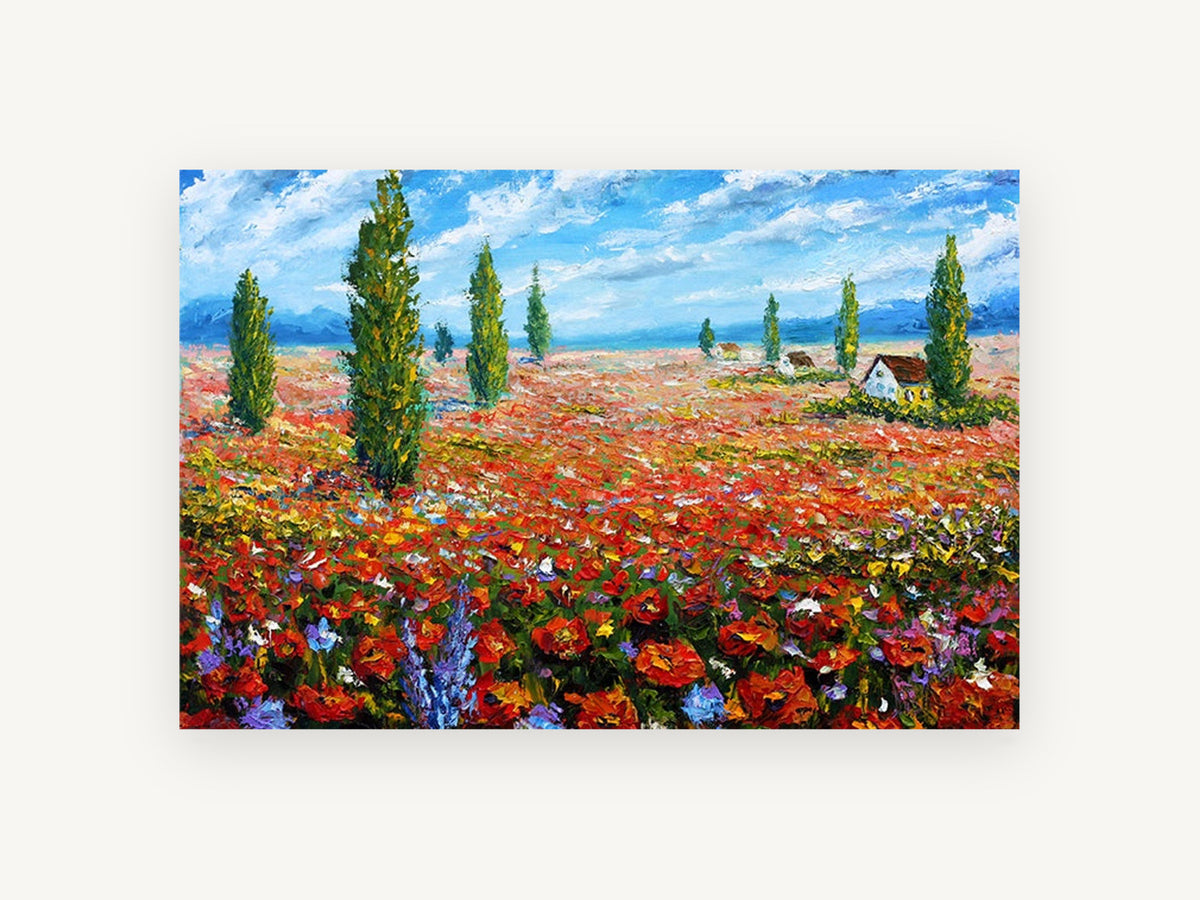 Poppy Field Cypresses, floral canvas wall art print, front view