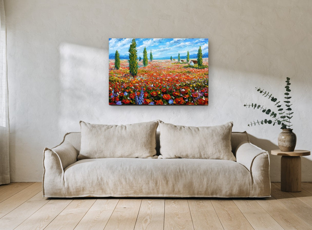 Poppy Field Cypresses floral canvas print on the wall of a living room