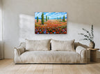 Poppy Field Cypresses floral canvas print on the wall of a living room