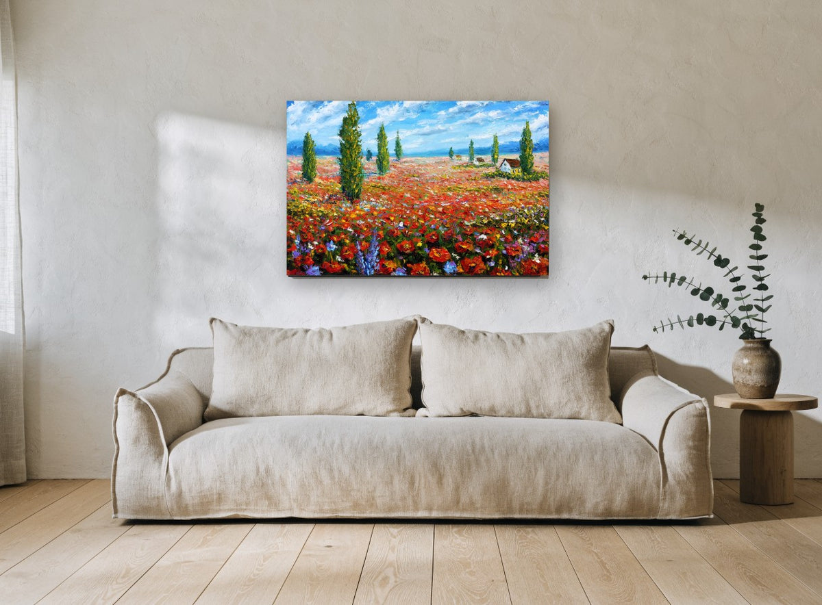 Poppy Field Cypresses floral canvas print on the wall of a living room