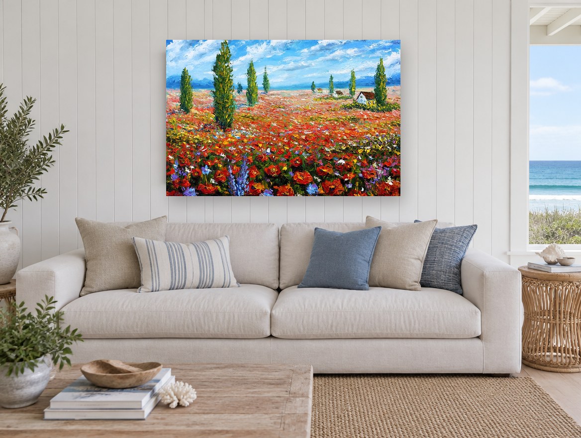 Poppy Field Cypresses floral canvas print on the wall of a beach house living room