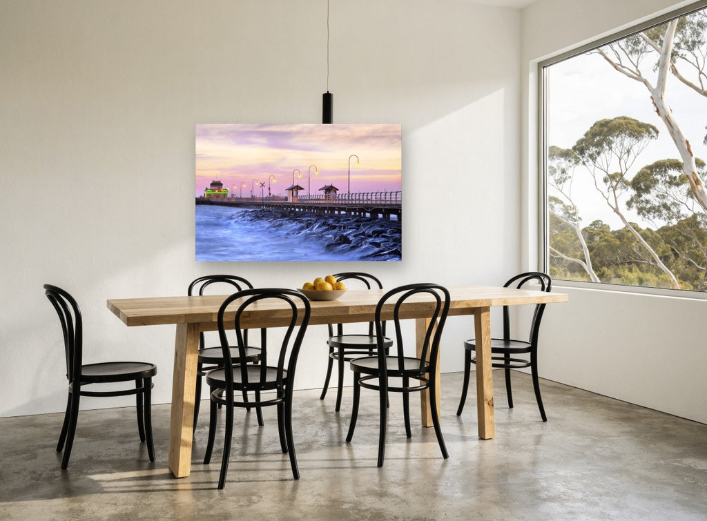 St Kilda Pier Twilight coastal canvas print on the wall of a dining room
